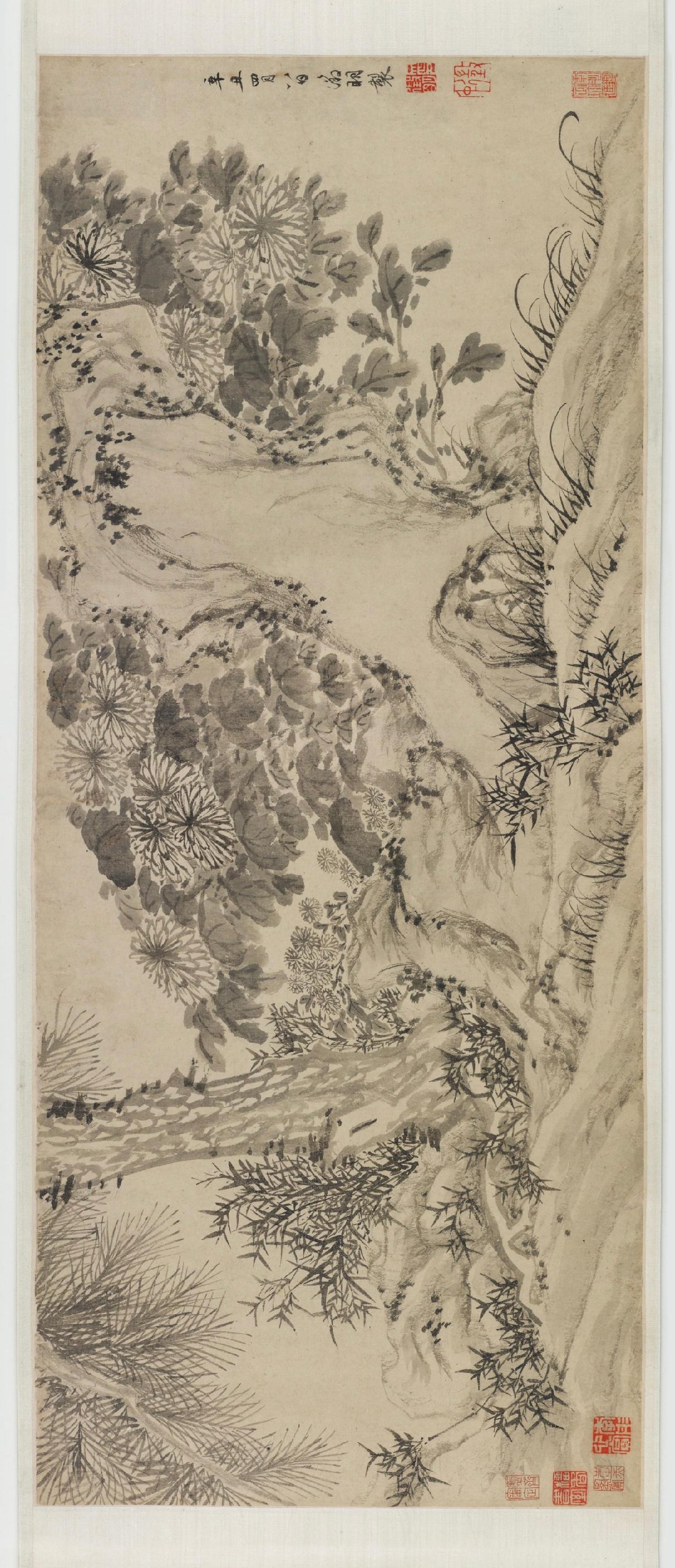 明_文徵明_归去来辞书画合卷_1=绘菊花湖石，苍松翠竹。用笔老辣，结意满幅，是晚年文徵明的经意之作，卷后行草书录陶渊明归去来辞。可见画卷之菊代指渊明采菊东篱下之诗意。.jpg