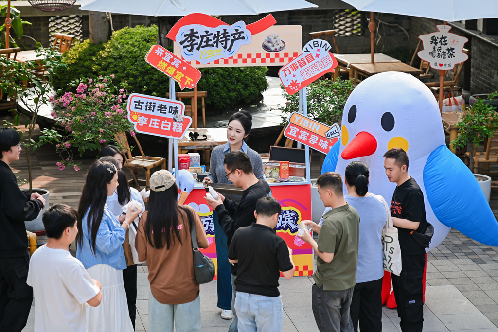 红嘴鸥客串小店帮手，叫卖李庄白糕。活动方供图